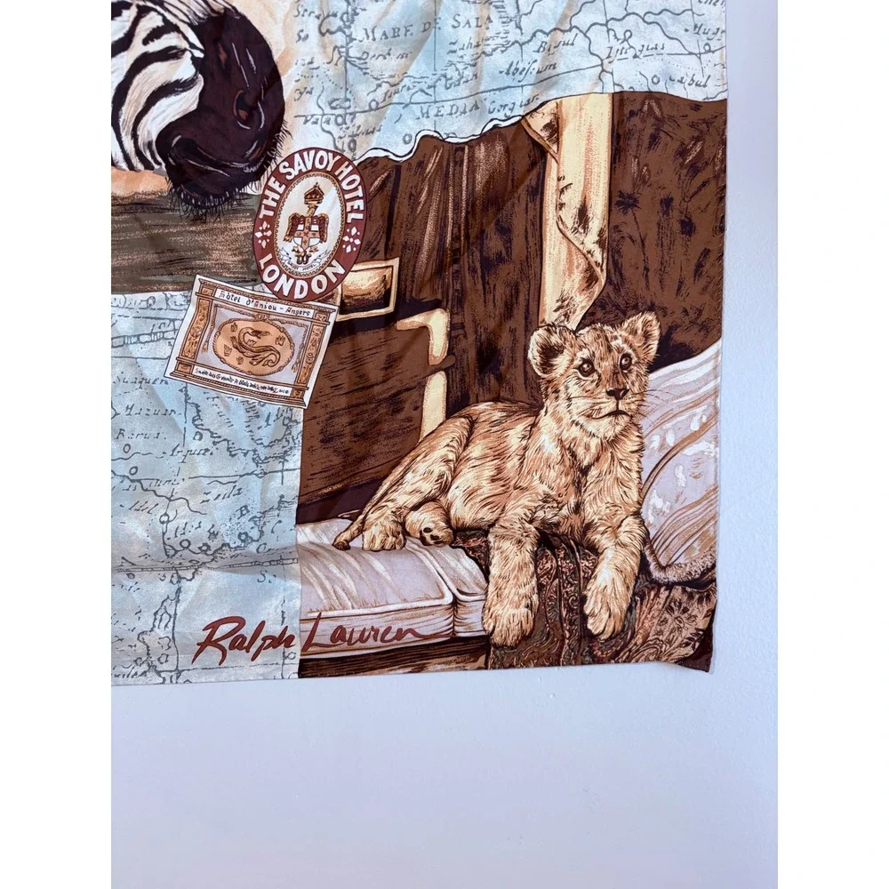 Ralph Lauren Silk Scarf Safari Zebra Lion Elephant Vintage Travel Collage Italy